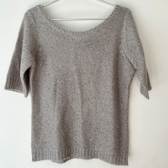 Cynthia Rowley Gray Sequin Scoop Neck Elbow Sleeve Knit Sweater Size Large - Picture 1 of 6